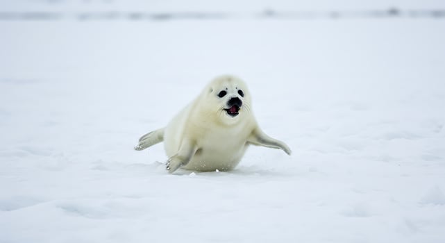 Playful White Puppy Running in Snow on Winter Day photo