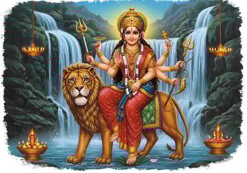 The goddess durga is riding on a lion photo