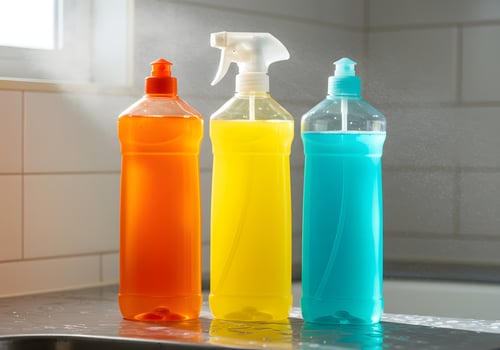 Three different colored bottles of cleaning products sit on a counter photo