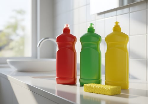 Three colorful bottles of cleaning products sit on a counter photo