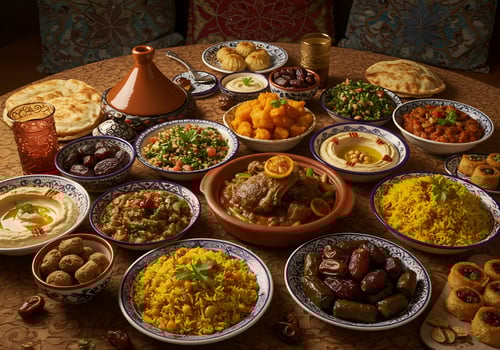 A table full of food including rice, meat, and vegetables photo