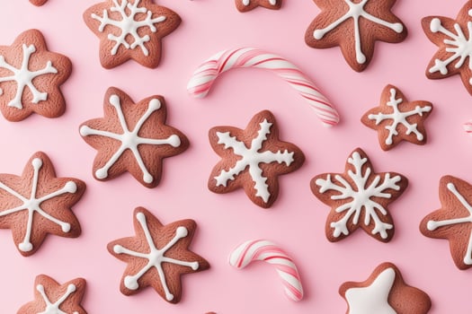 Decorative gingerbread cookies on a pink background with candy canes. photo