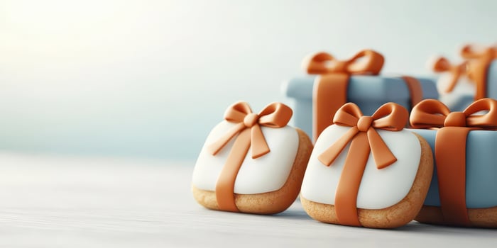 Decorative cookies shaped like presents with blue and orange details. photo