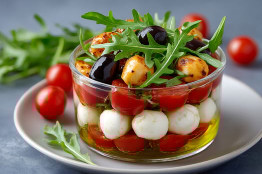 Glass jar with fresh caprese salad with mozzarella, tomatoes, olives and arugula photo