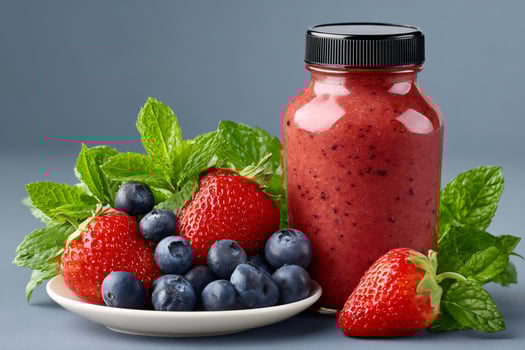 Glass jar with tasty berry smoothie and fresh ingredients on a gray background photo