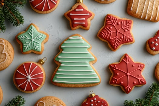 Colorful decorated Christmas cookies on a festive background. photo