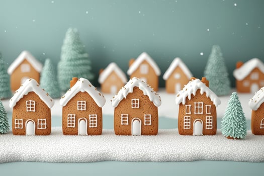 Gingerbread houses with snowy rooftops, festive decorations, and a winter backdrop. photo