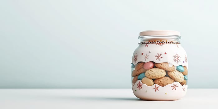 Jar filled with colorful cookies on a pastel background, perfect for holiday treats. photo