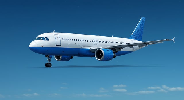 Commercial Airplane Flying in the Sky with Blue and White Livery photo