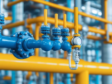 Industrial piping with valves in blue and yellow pipelines, detail view. photo