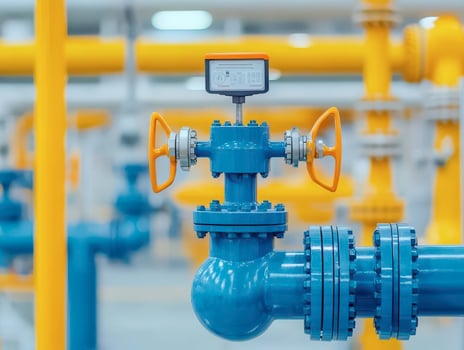 Blue industrial valve with orange handles, focused on precision gauge. photo