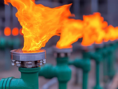 Flame burning from gas pipes in industrial setting, white isolate background photo