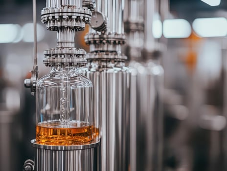 Distillation equipment with glass containers of amber liquid on a metallic background. photo