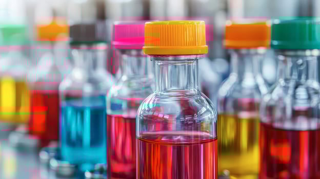 Colorful bottles with bright caps filled with various liquids, white isolate background. photo