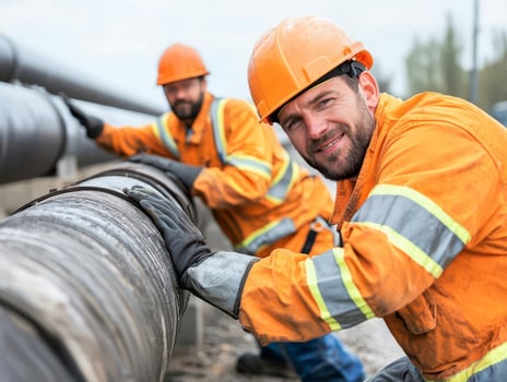 Two construction workers in safety gear working on a pipeline outdoors. photo