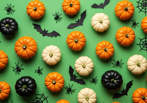 A festive halloween pattern with pumpkins, bats, and spiders on a green background photo