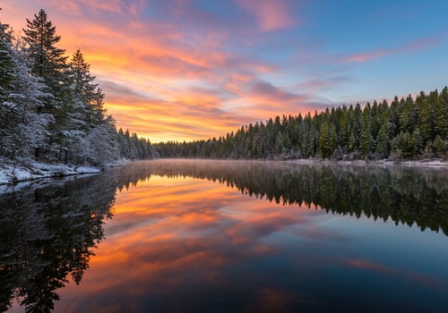 Winter sunset over a calm lake reflecting the colorful sky and snowcovered trees photo