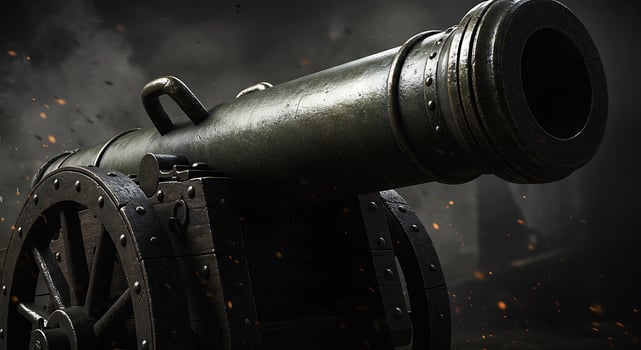 Antique Cannon Ready to Fire with Smoke and Sparks Around photo