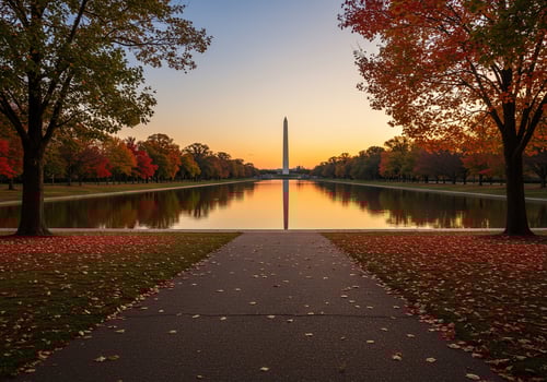 Washington monument reflected in the pool during an autumn sunset photo