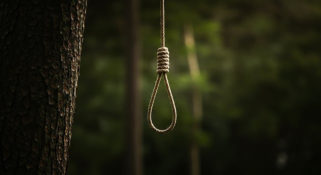 Hanging Rope Noose on Tree in Dark Forest Representing Despair photo