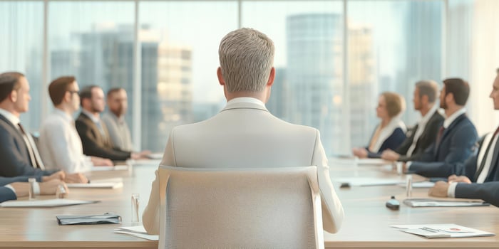 Business meeting with executives at a modern conference table, city view behind them. photo
