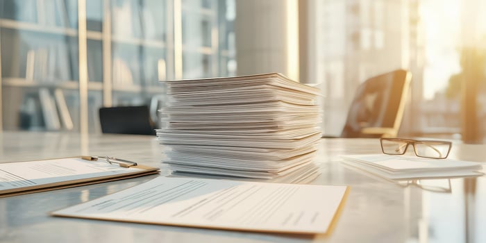 Stack of documents on a desk, sunlight streaming through a window. photo