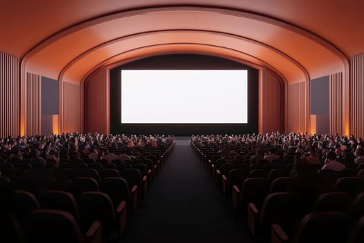 Interior of a modern cinema with audience watching a blank screen. photo