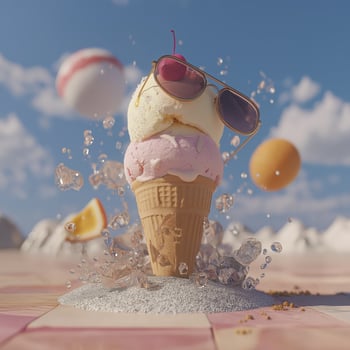 Ice cream cone with two scoops, one pink and one white, topped with sunglasses and cherry, surrounded by splashing water and floating fruits under bright blue sky, evoking fun summer vibe photo