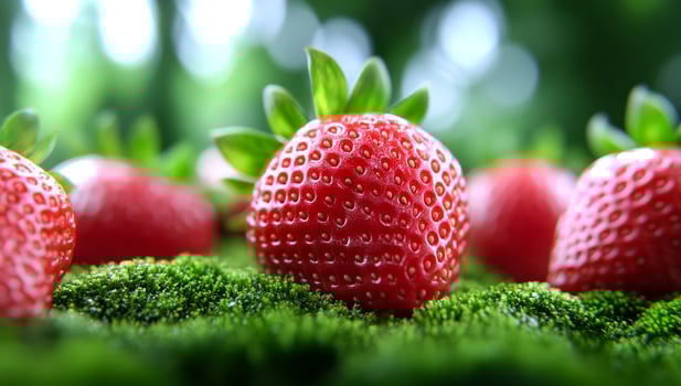 Lush garden with strawberries. Vibrant strawberries with bright red color are growing among soft green moss, illuminated by natural sunlight. photo