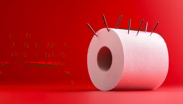 Paper roll display with pins. A roll of paper towel stands upright with several pins inserted, set against a bright red background. photo