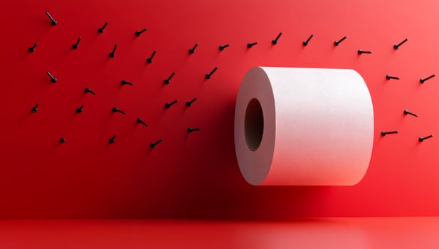 Artful paper roll on bright wall. A paper roll hovers against a red wall, surrounded by scattered black screws creating an intriguing visual concept. photo