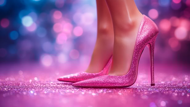 Pink heels on glitter sparkles. Glimmering high heels in bright pink resting on a glittery surface, illuminated by colorful light reflections. photo