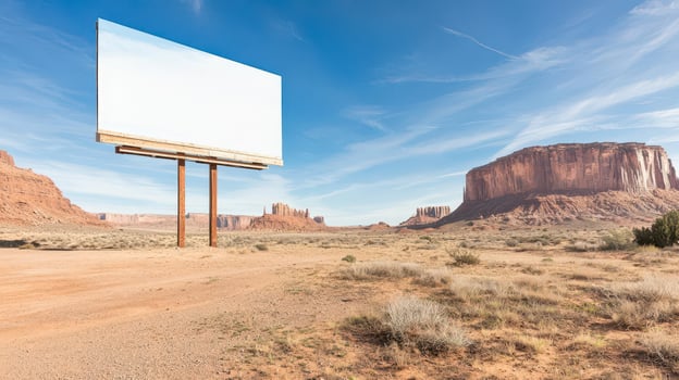 Blank billboard sign in desert landscape under blue sky. photo