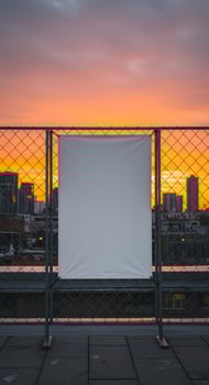 White Banner on Fence at Rooftop During City Sunset photo