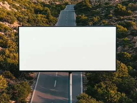Empty billboard on a road surrounded by greenery, suitable for advertising. photo