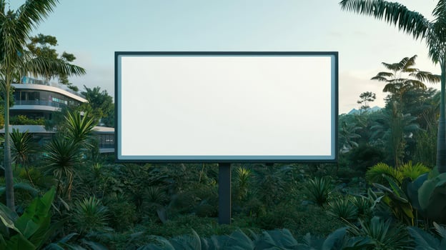Blank billboard amidst green foliage, surrounded by tropical plants and trees. photo