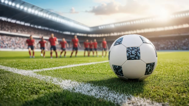Soccer ball on field with players preparing for match, bright stadium backdrop. photo