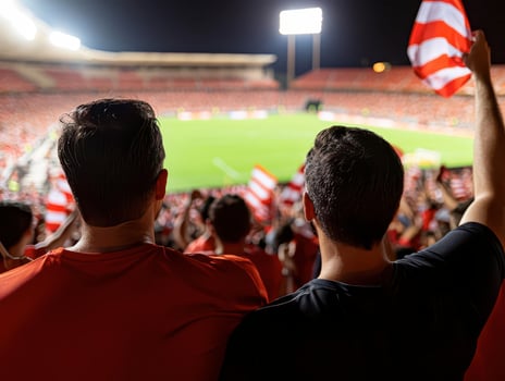 Fans cheering passionately during a night football match, stadium atmosphere. photo