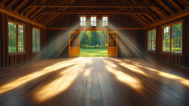 Sunlight streaming into an empty cabin. Warm sunlight pours through open doors of a rustic cabin, casting shadows on the wooden floor surrounded by nature. photo