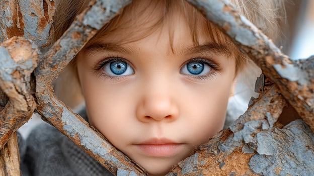Blue-eyed child at the fence. A curious child with bright blue eyes peeks through a rusty fence, deep in thought in a natural setting. photo