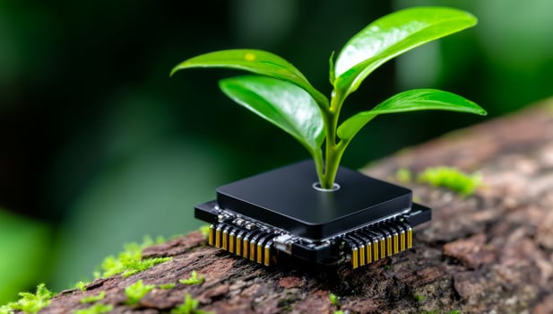 Tech and nature unite in design. A computer chip supports a small green plant, showcasing harmony between technology and nature in a forest setting. photo