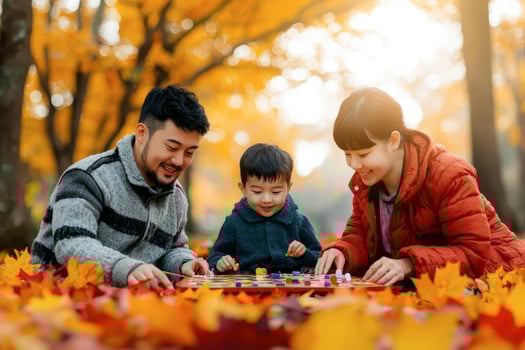 Family playing together outdoors in autumn leaves, smiling and enjoying quality time. photo