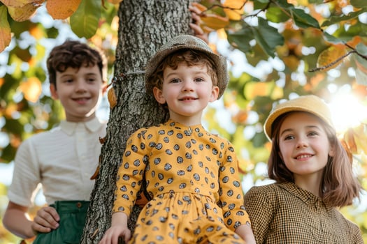 Happy children posing outdoors among colorful autumn leaves. photo