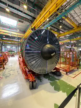 Modern airplane jet engine turbine blades in detailed front view photo