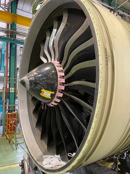 Massive aircraft turbine fan blades with engineering maintenance setup photo