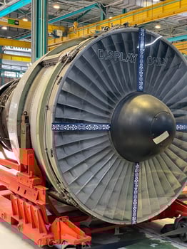 Jet propulsion engine interior seen during maintenance procedure inside facility photo