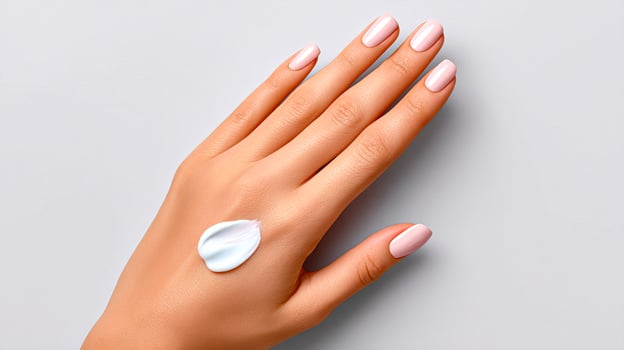 Hand with cream applied on skin surface. A well-groomed hand displays a dollop of cream on the skin, emphasizing elegance and care in personal grooming. photo