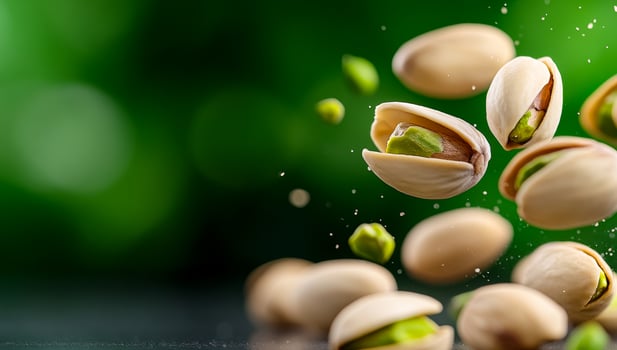 Pistachios soar through air. A handful of pistachios mid-air, some open to show green kernels, against a blurred green backdrop. photo