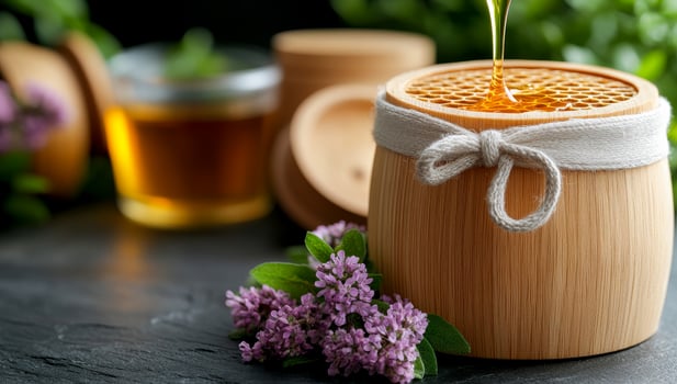 Flowered honey jar in sunlight. A wooden honey jar is shown with honey being poured over it, accompanied by fresh flowers and soft lighting. photo