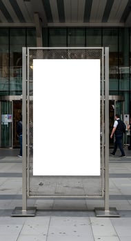 Blank White Banner Outside Modern Shopping Mall photo